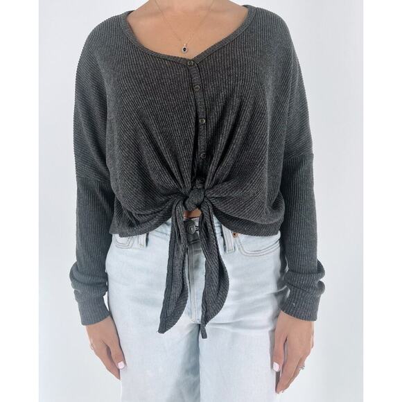Weekend Edition Gray Front Tie Ribbed Button Down Long Sleeve Size Medium - Picture 1 of 3